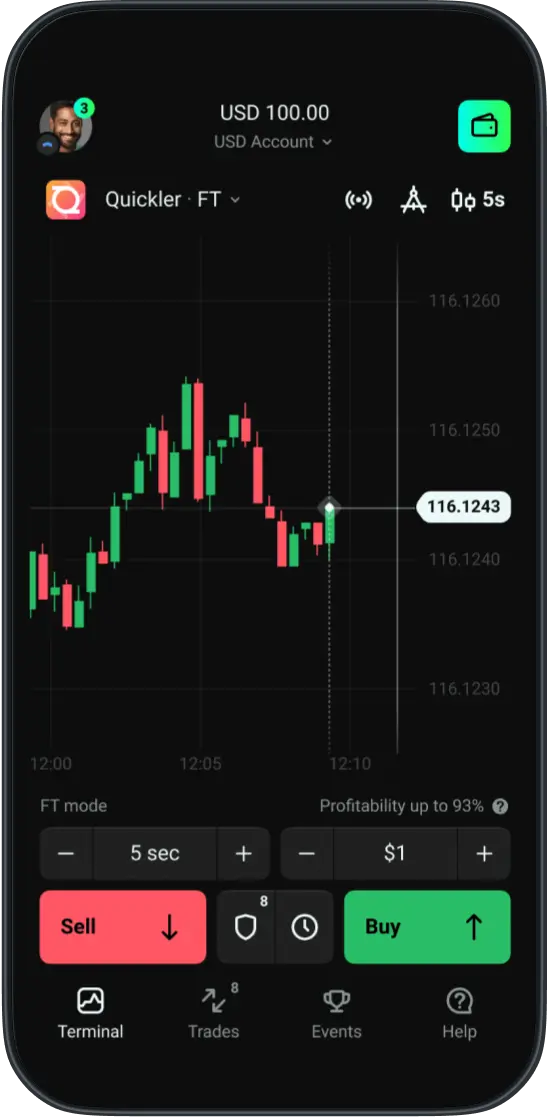 Quickler trading app screenshot showing price chart with buy and sell buttons